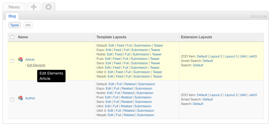 Edit elements for article type
