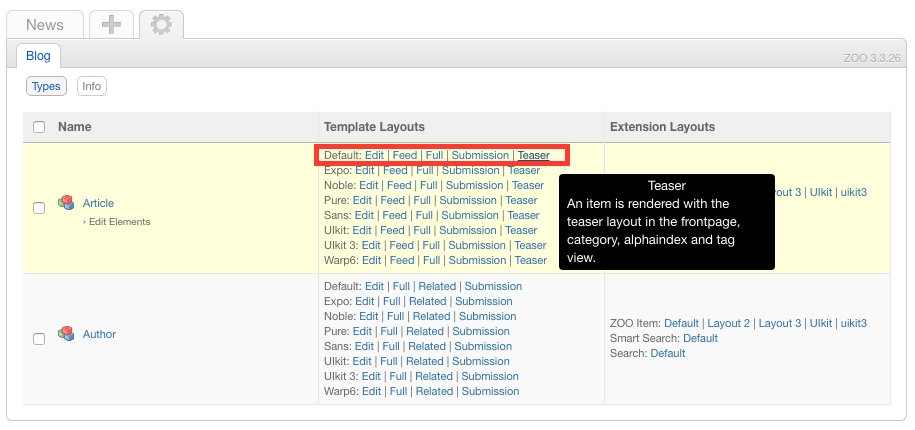 Configure elements for selected layouts
