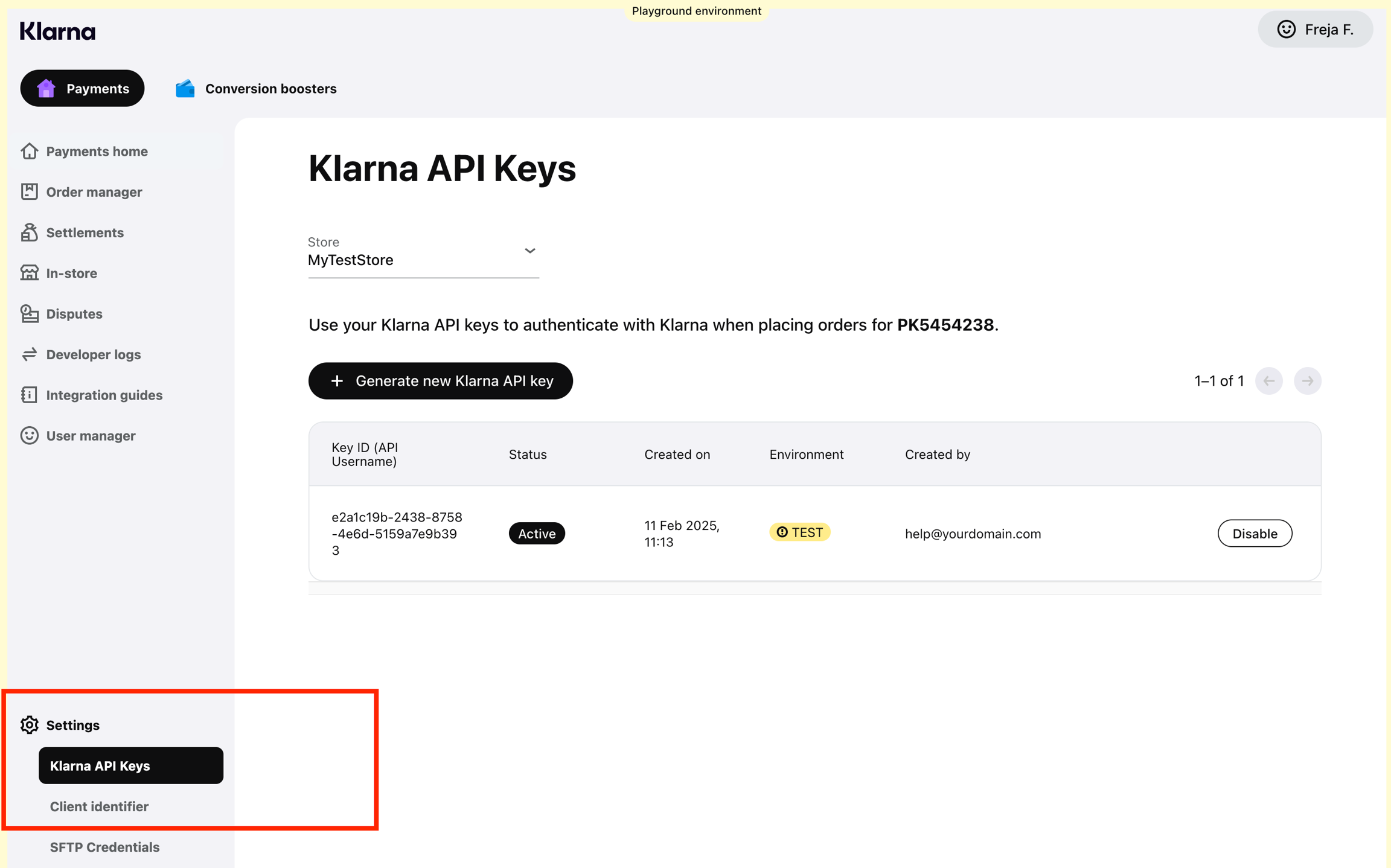Klarna dashboard > Settings > Klarna API keys