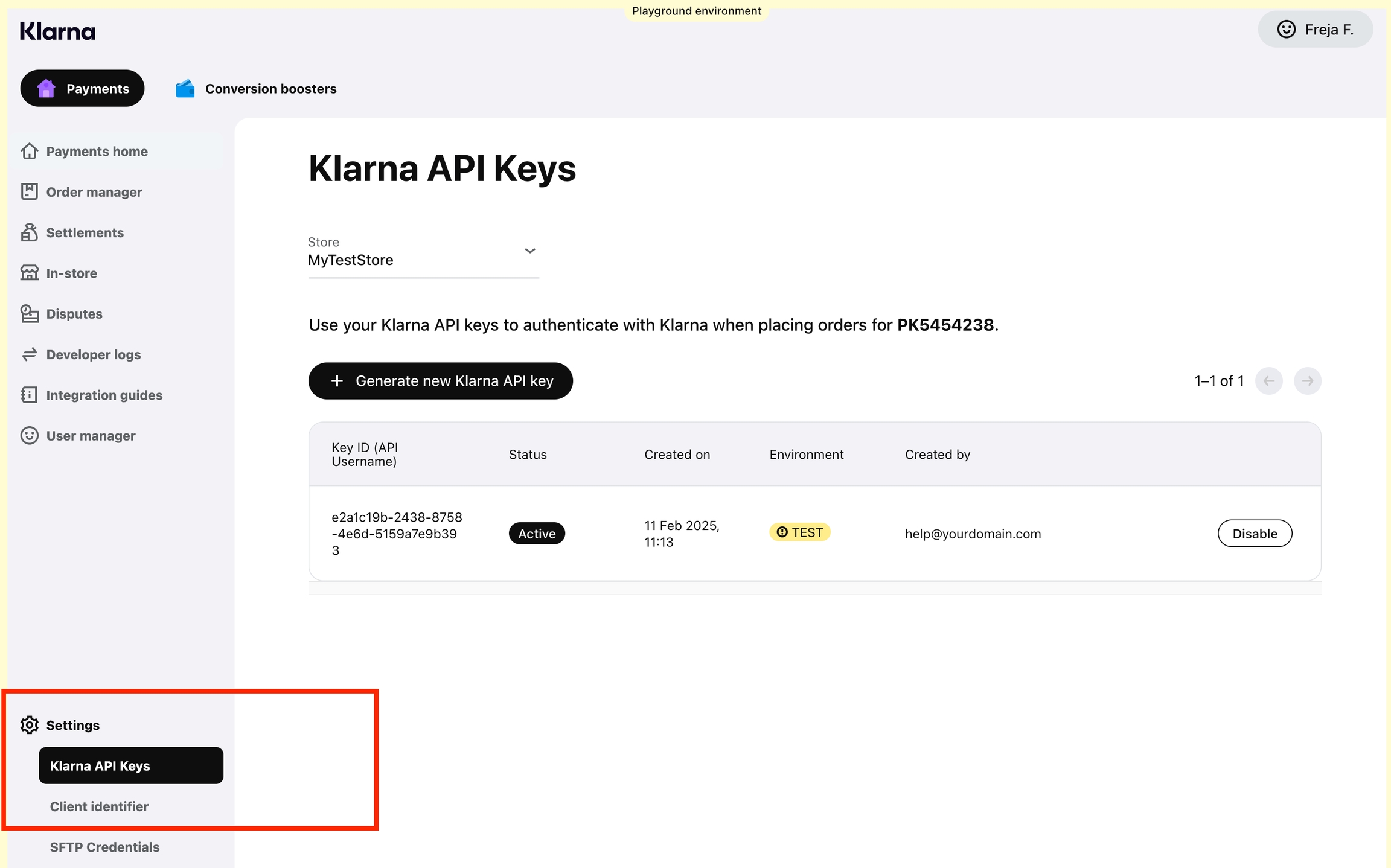 Klarna dashboard > Settings > Klarna API keys