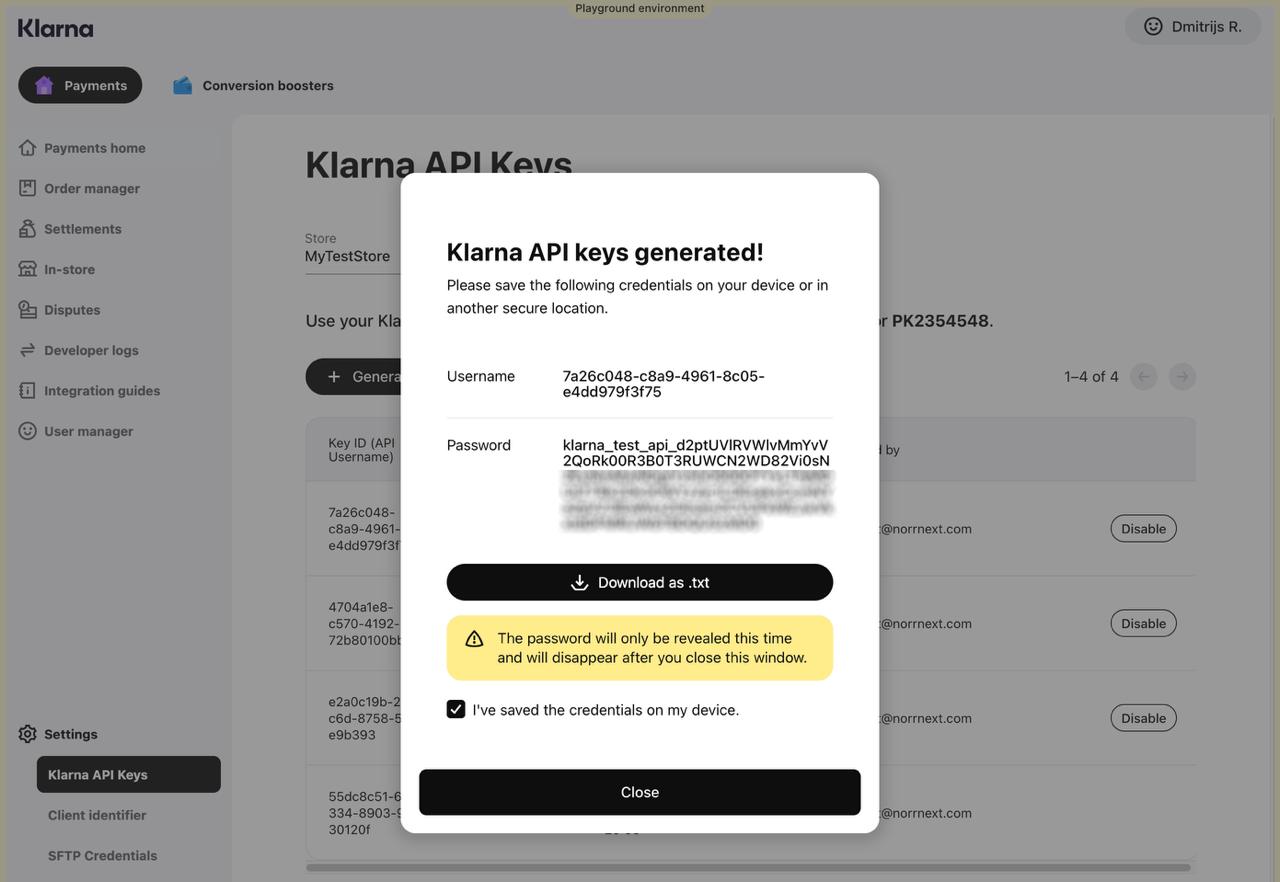 Klarna API keys generated