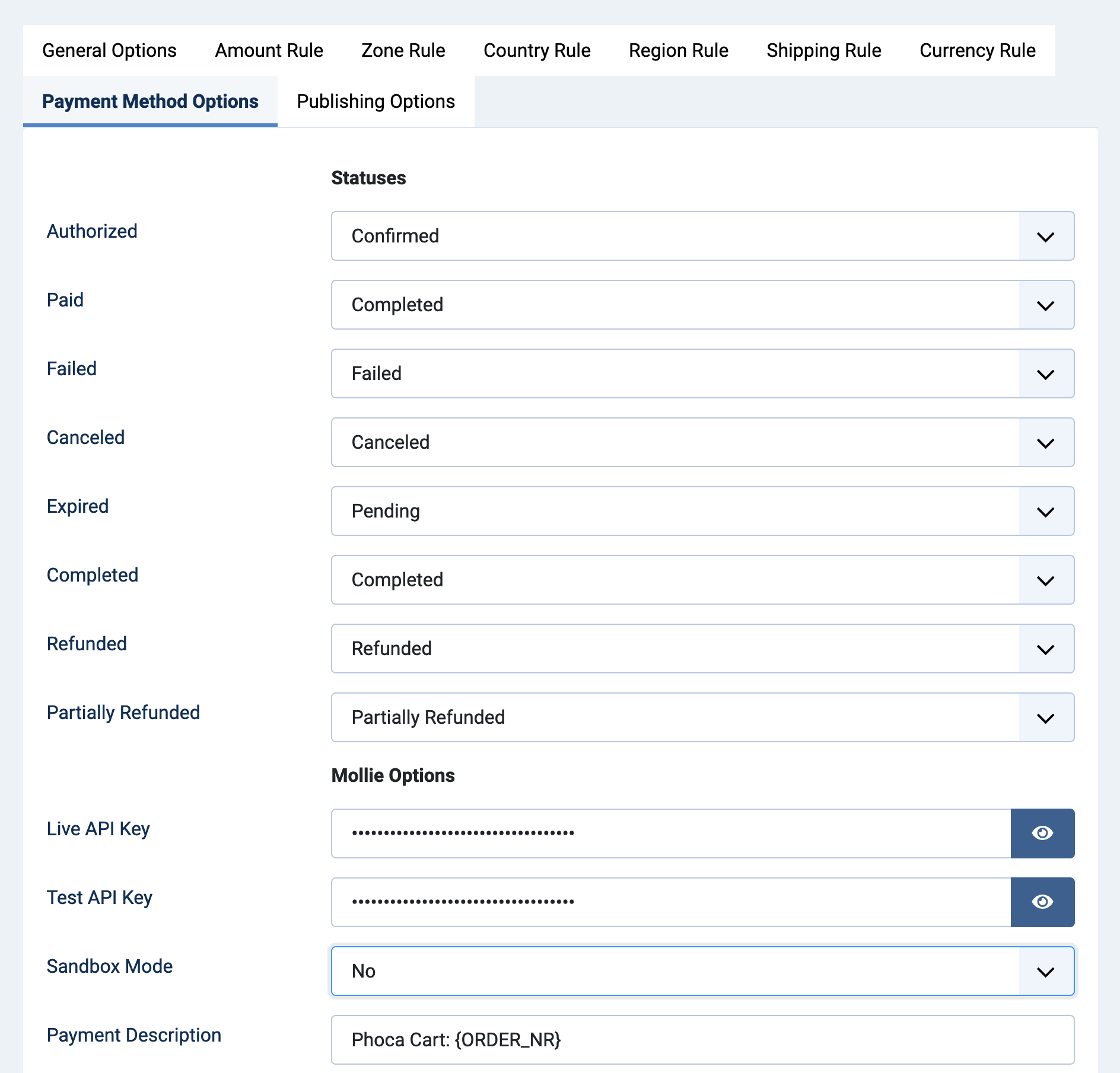 Mollie payment method options