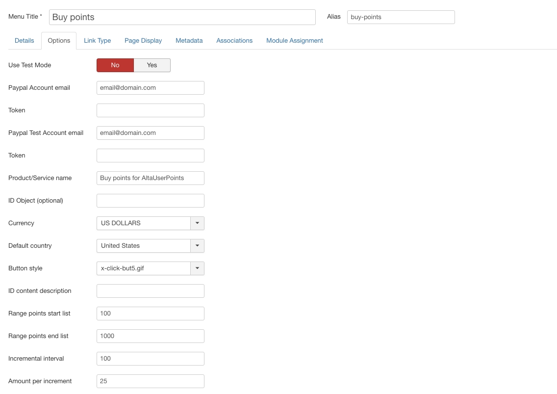 Buy Points with PayPal - menu item settings