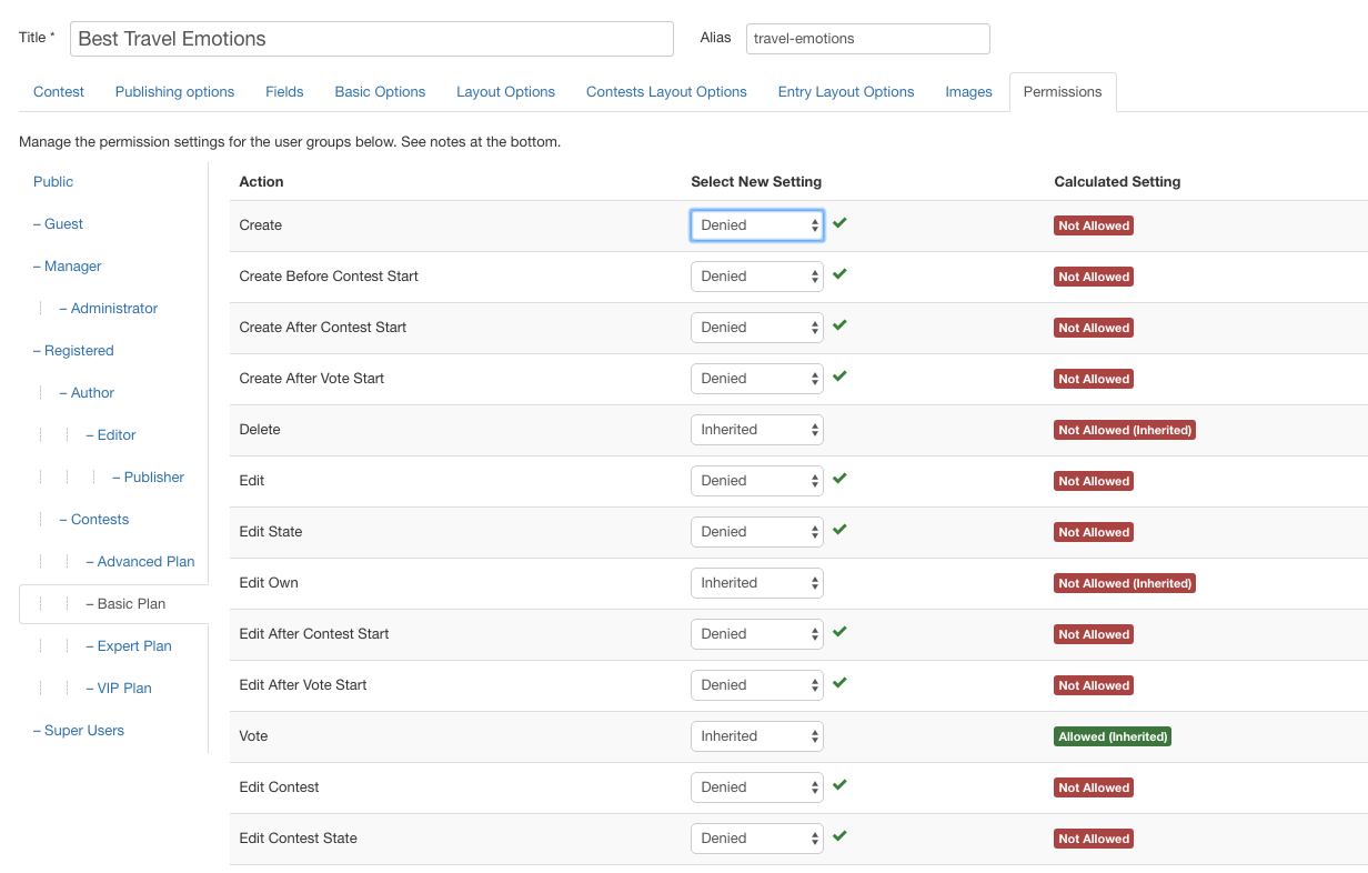 Configure permissions for selected User Group