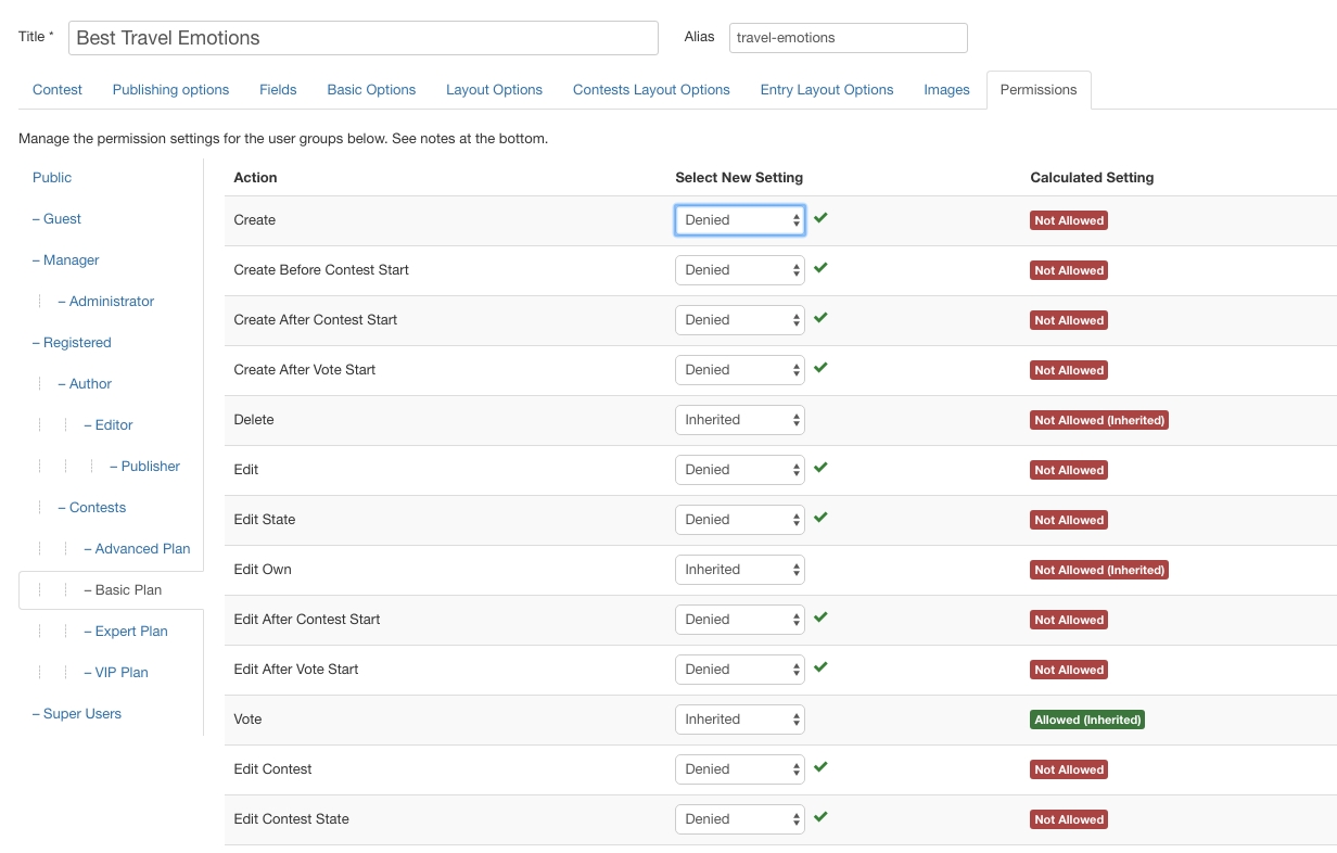 Configure permissions for selected User Group