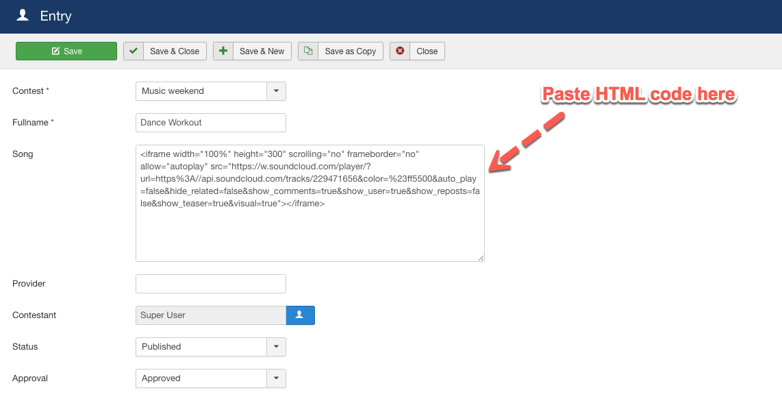 Create entry: paste HTML code to Song field