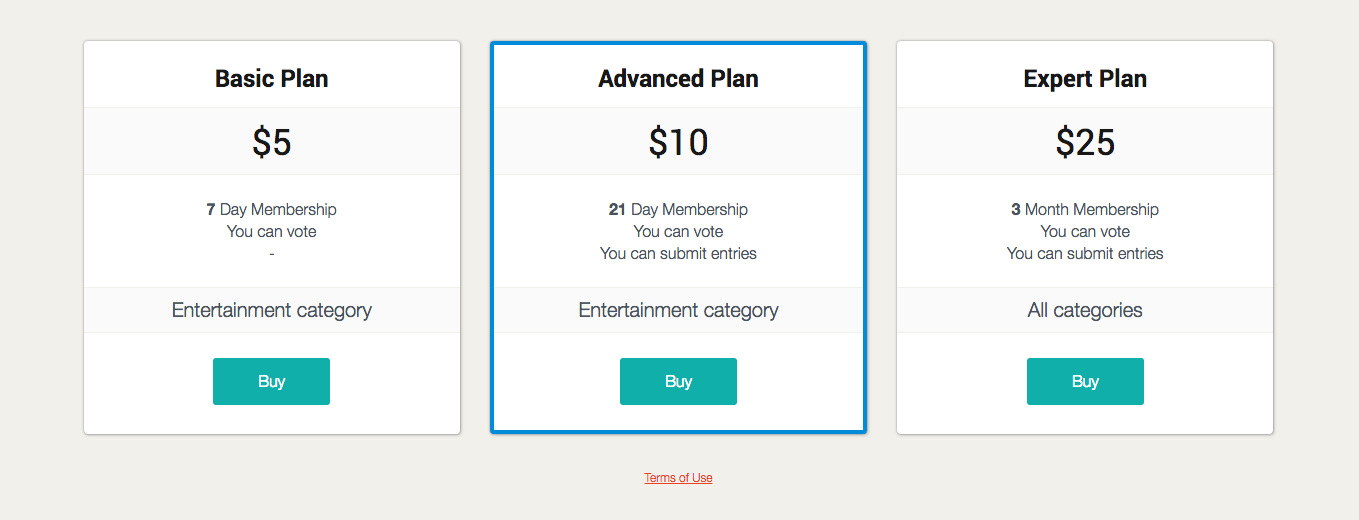 Example of pricing plans for voting contest site