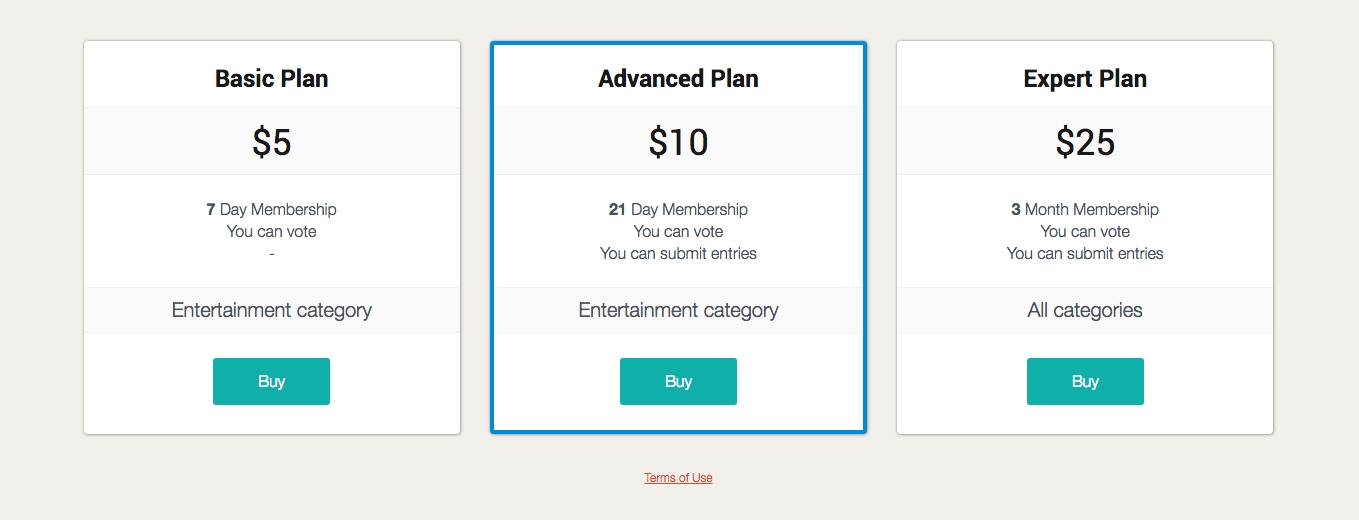 Example of pricing plans for the voting cotest site