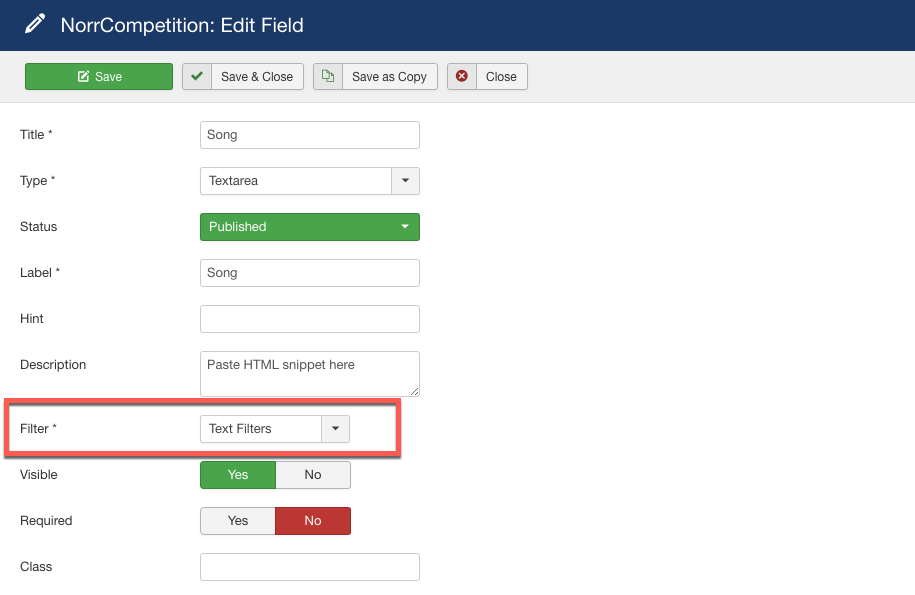 Create custom field with Text Filters option