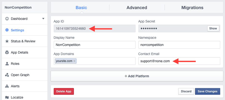 Facebook application settings