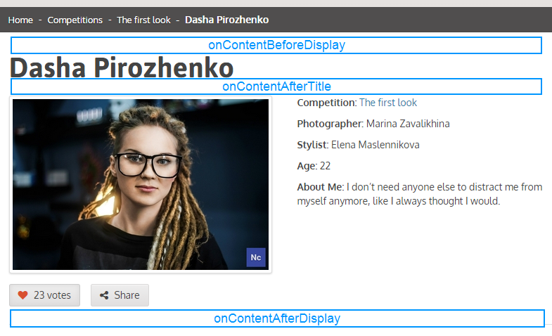 Event areas on the entry page