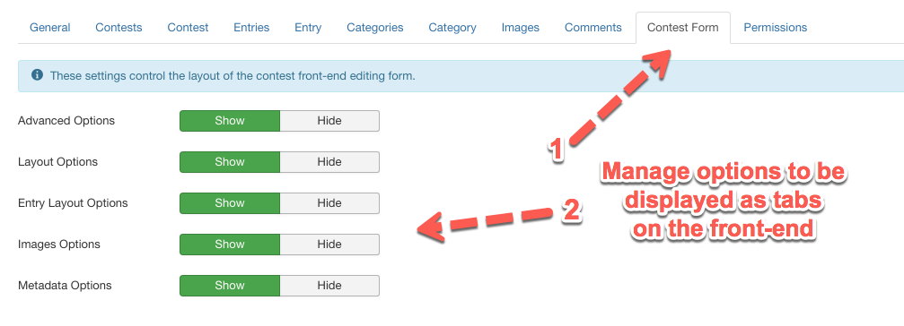 Contest form tab to manage options on back-end