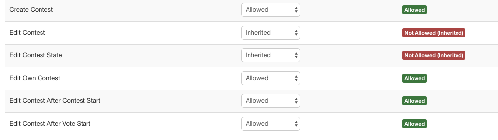 Rules in Permissions tab allowing user to create and edit contest