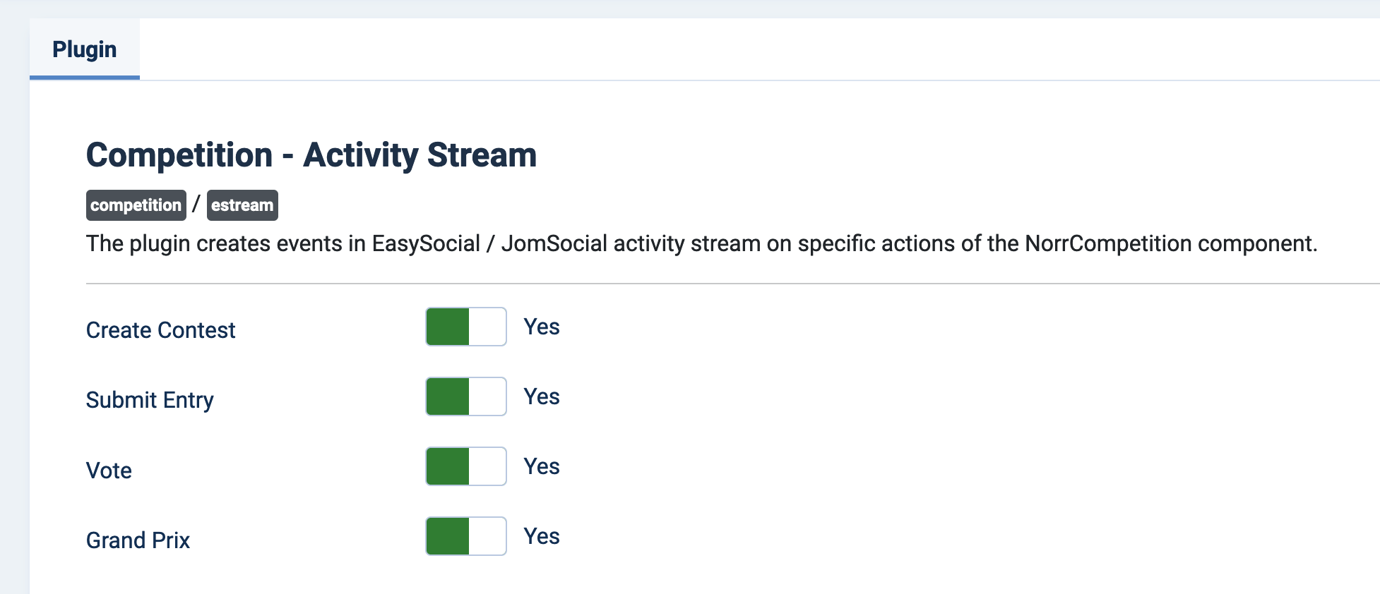 Competition - Activity Stream - JomSocial settings