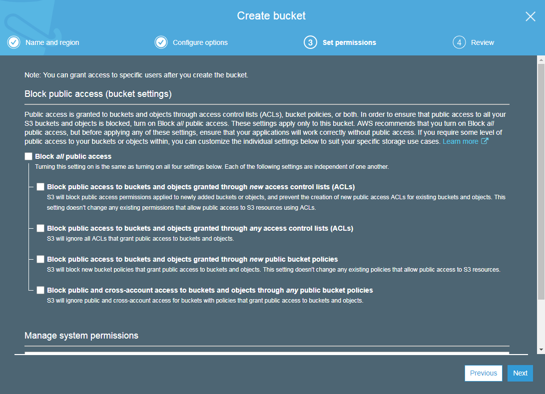 One the third step you must uncheck Block all public access, otherwise API will not have access to your bucket.