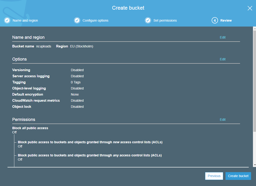 One the last step review your settings and click on Create bucket