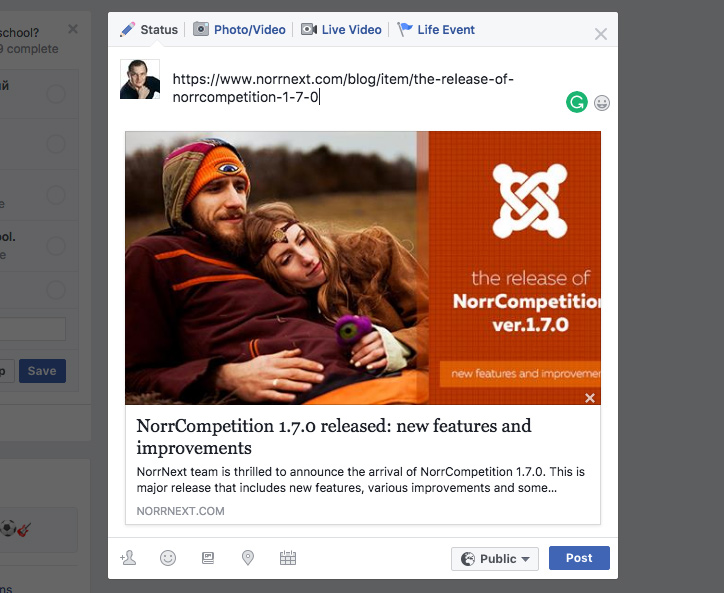 Example of sharing a page in Facebook that has Open Graph tags