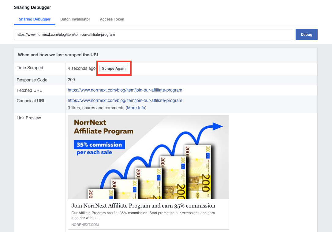 Clean cache via Facebook debugger