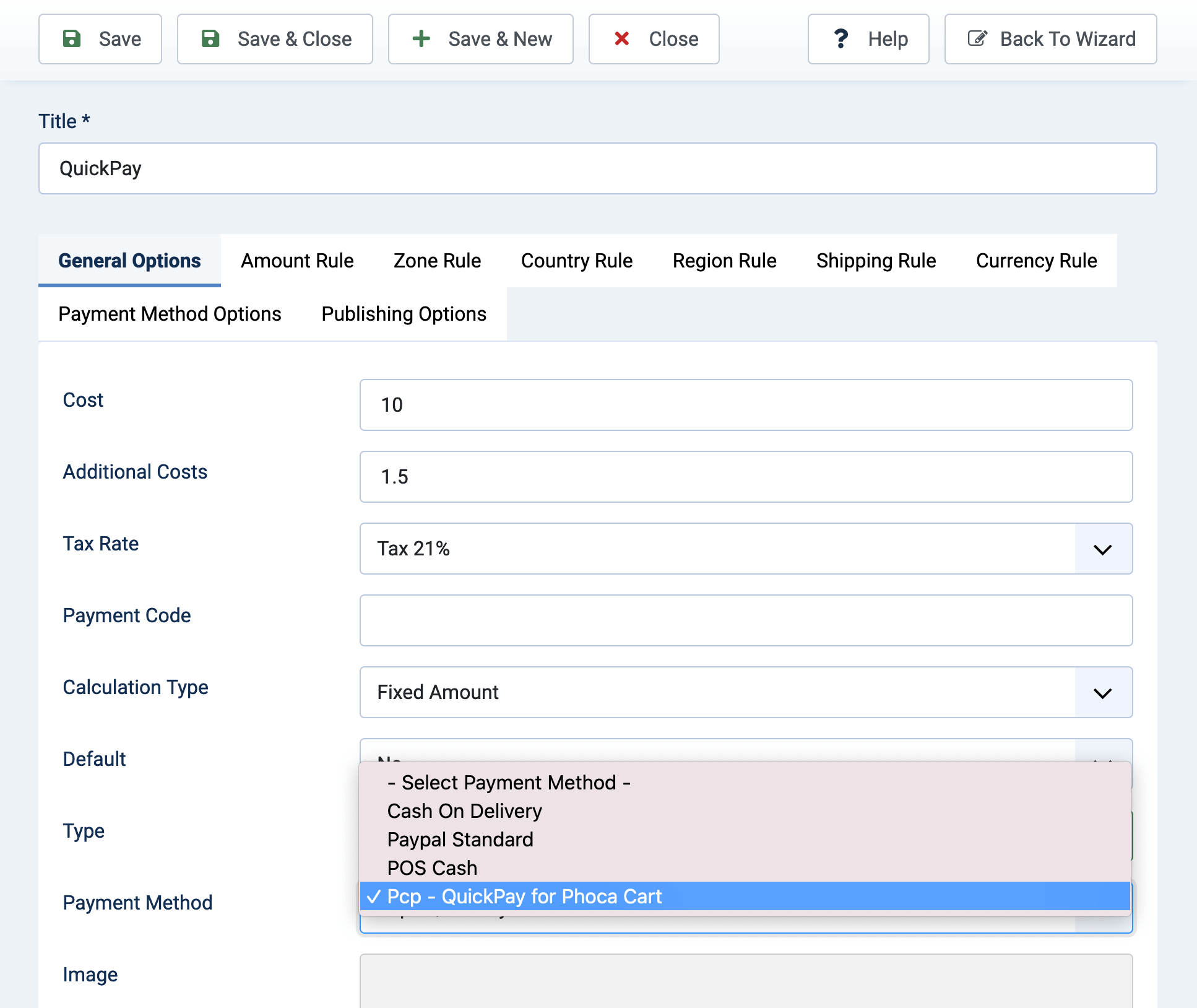QuickPay payment method in Phoca Cart - General Options