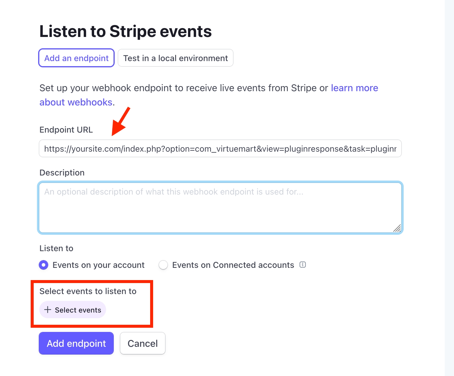 Add Endpoint (URL to be taken from VirtueMart) and select events