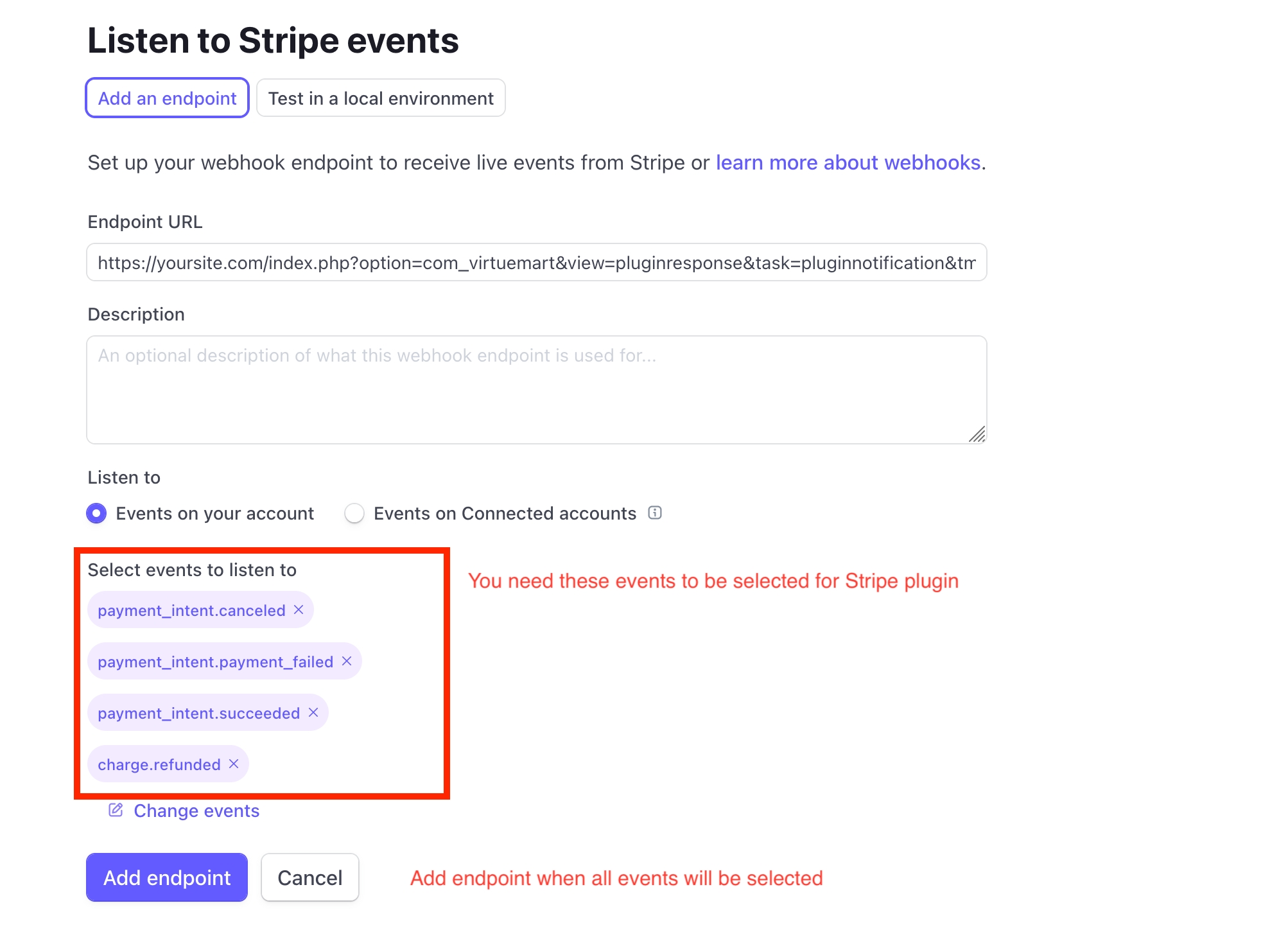 Make sure all events are correct and corresponds to your edition of Stripe plugin