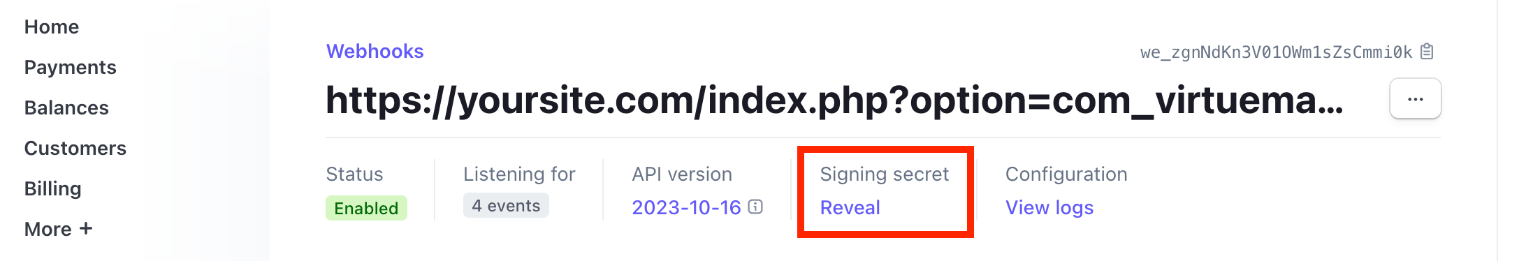 Get Webhook Secret in Stripe dashboard